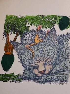 HOUSE MOUSE Sleeping Cat Wood Rubber Stamp - Holiday Light